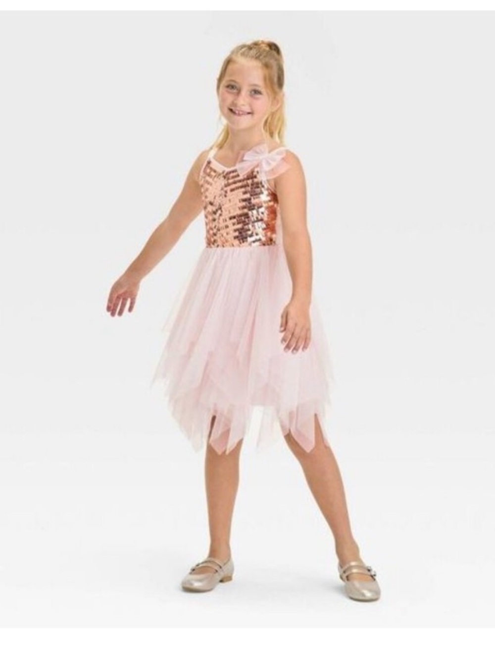 Girls Rose Gold Sequin Bodice Pink Tulle Party Dress